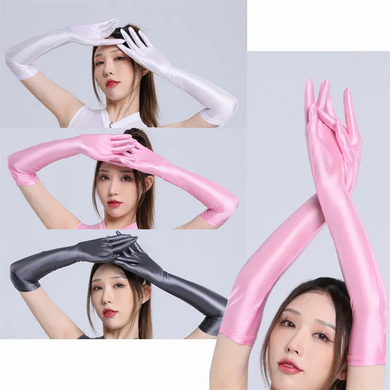 Glvoes – gants longs à cinq doigts pour femme, Sexy, brillant à l'huile, très extensibles, élégants, pour soirée en boîte de nuit, Protection solaire, Costumes de danse à la main