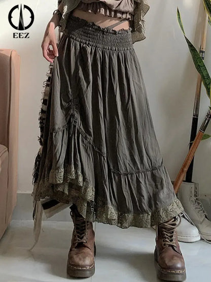 2000s Retro Green Grunge Long Skirts Women Ruffles Shirring Tie-Up Lace Trim A Line Y2K Skirt Fairycore Cute Holiday Outfits Emo