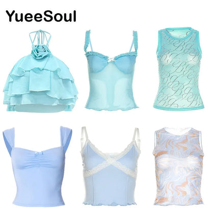 Blue Crop Tops 2023 Summer New Sleeveless Slim Casual Tank Top Fashion Cute Vintage Y2K Aesthetic High Street Women Clothes