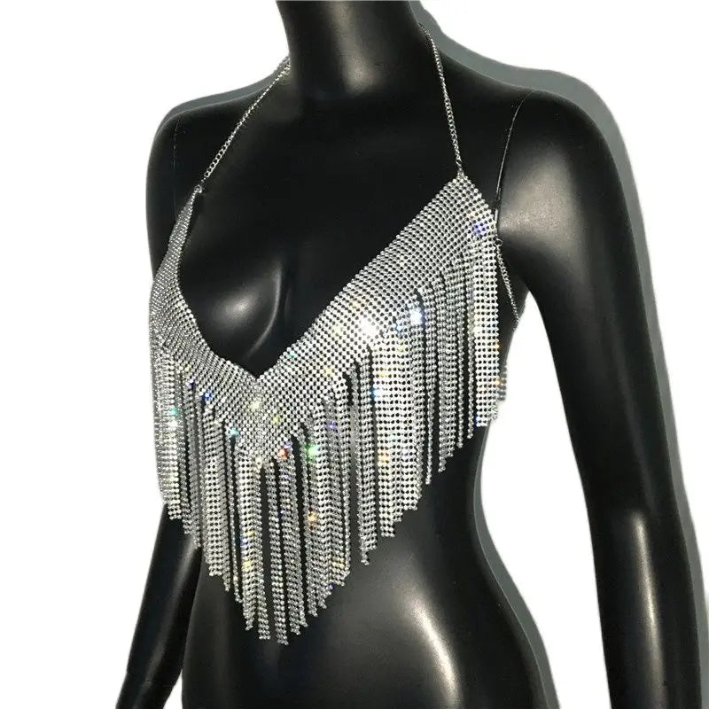 Bling Rhinestones Tassel Party Crop Top Woman Fashion Halter Neck Backless Design Full Diamond Sequins Nightculb Clubwear