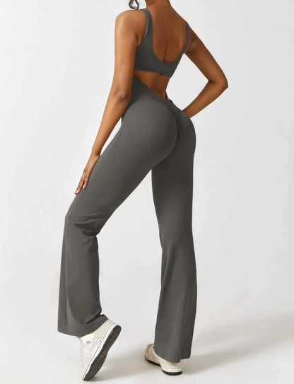 Women's Sports Style Hollow Back Bodysuit Yoga Jumpsuit with Chest Pad Honey Peach Hip Flare Pants New Autumn Sports Style 831