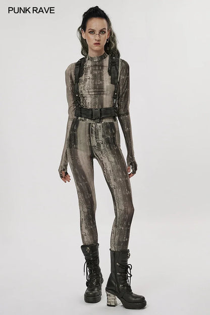 PUNK RAVE Women's The Post-apocalyptic Techwear Tight Printing Mesh Leggings Decayed Feeling Sexy Personality Street Wear Pants