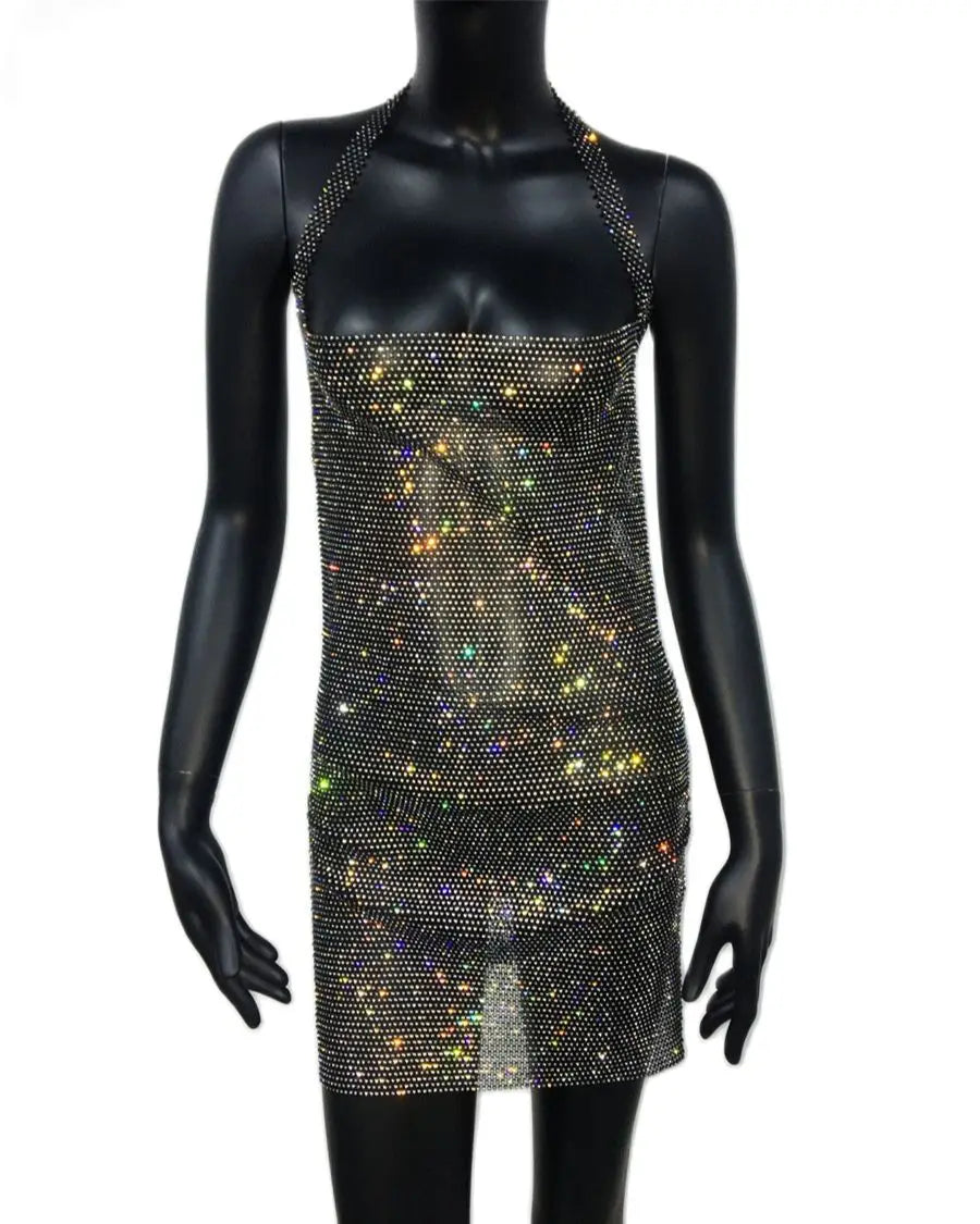 Robe dos nu en strass scintillants, Sexy, transparente, ajourée, en maille résille, fendue sur le côté, Mini robe de soirée, de Club