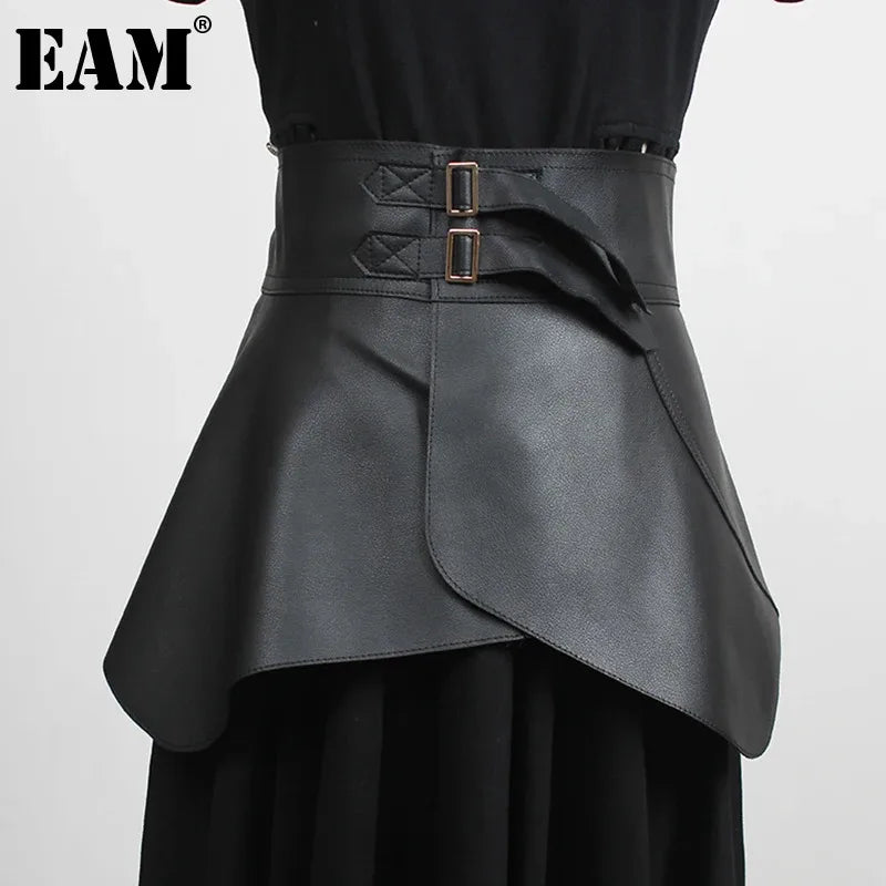 [EAM]  Retro Ruffles Irregular Black Pu Leather Wide Belt Personality Women New Fashion All-match Spring Autumn 2024 1DD4844