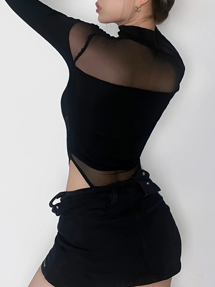 Weekeep Sexy Hollow Out Black Bodysuit Women Solid Full Sleeve See Through Mesh Patchwork Bodycon Jumpsuit Fall Clubwear Outfits