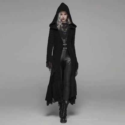 PUNK RAVE Women's Gothic Retro Black Long Hooded Sweater Halloween Costume Personality Women Woolen Cardigan Cuffs Stitched Lace