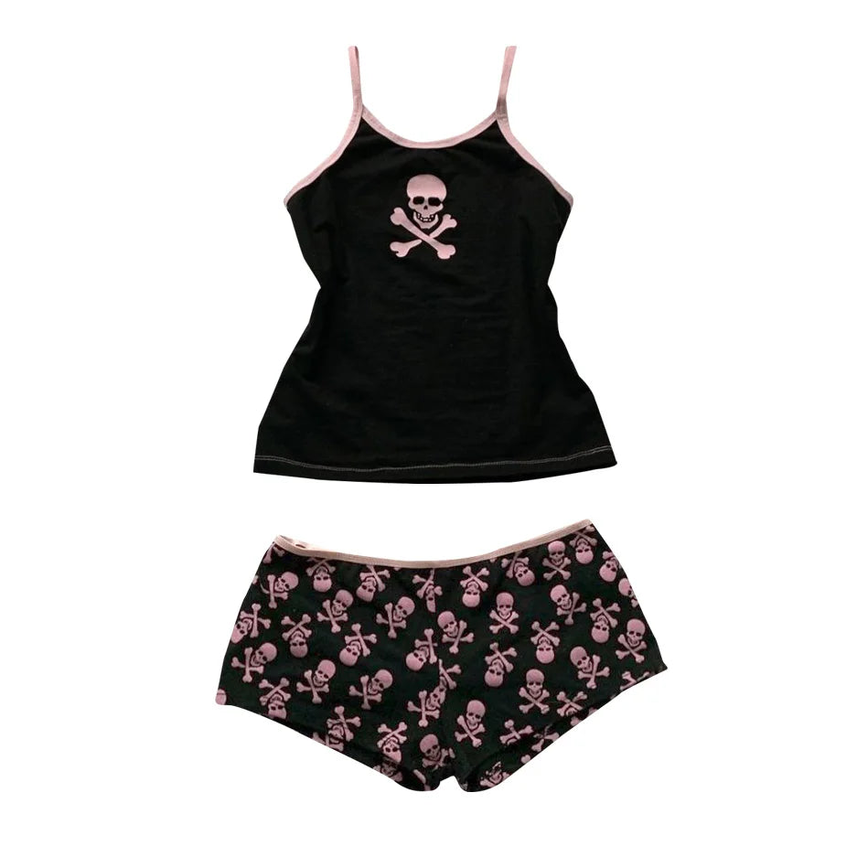 Pantalones cortos Y2K Rock Goth, pantalones sexys con estampado gráfico de calavera Harajuku, ropa de calle de hip hop Y2k, camiseta sin mangas ajustada Punk, top corto Retro Spice Girls