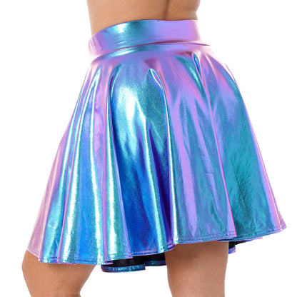 Jupe patineuse métallique brillante pour femmes, Look mouillé, taille haute, Mini jupes évasées extensibles pour Festivals, discothèque, fête, Rave Dance