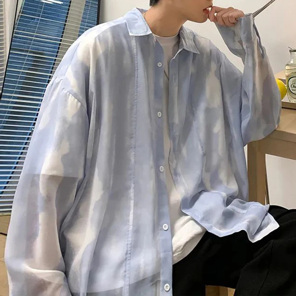 Nouveau Y2k transparent haut à revers hommes à la mode haute rue chemise ample en mousseline de soie Section mince décontracté surdimensionné à manches longues chemise manteau