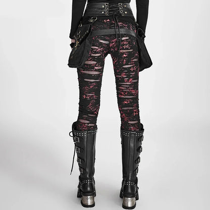 PUNK RAVE Gothic Women Broken Mesh Leggings High Elastic Holes Crocheted Breathable Ripped Pants Black Red Steampunk Charm Sexy