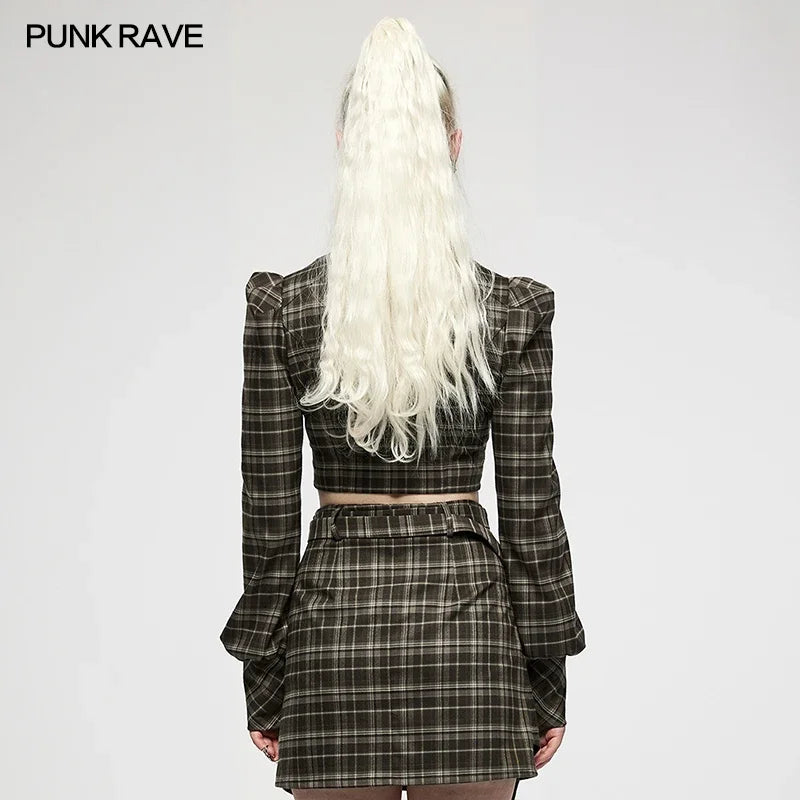 PUNK RAVE cárdigan a cuadros estilo universitario para mujer con forma de T invertida textura Punk diseño con cordón Chaqueta corta de moda primavera