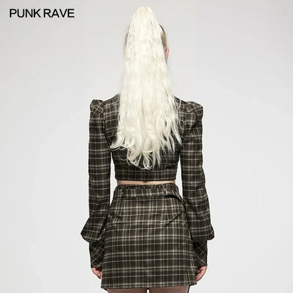 PUNK RAVE Women's College Style Inverted T Shape Plaid Cardigan Punk Texture Drawstring Design Fashion Short Jacket Spring