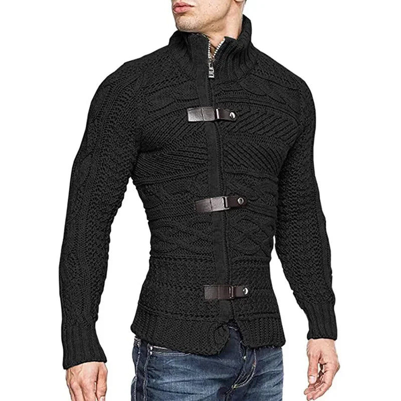 Pull à col haut pour homme, pull en cuir, boucle, manches longues, tricoté, manteau, grande taille, vêtements pour hommes, automne hiver