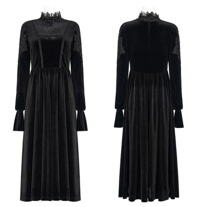 PUNK RAVE Gothic Women Diamond Pattern Black Velvet Dress Lace Collar Appliques Sleeve Dresses Vintage Clothing Autumn/winter