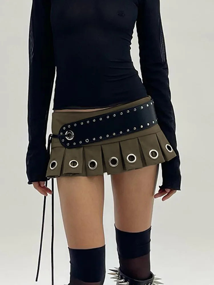 Weekeep Punk Low Rise Y2k Mini Pleated Skirt With PU Belt Autumn Hot Sexy Super Short Skirt Vintage Grunge 2000s Women's Outfits