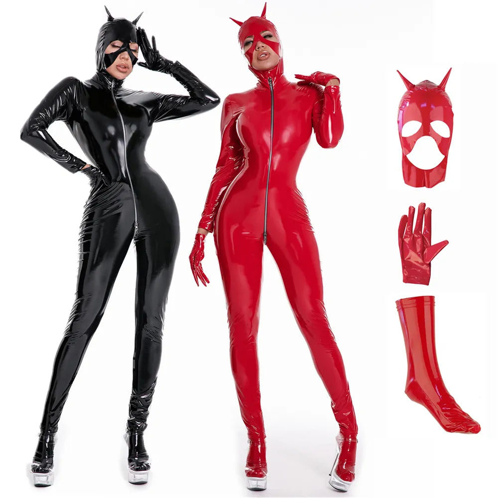 Women's Wet Look Shiny PU Faux Leather Jumpsuit Suit Long Sleeve Zipper Open Crotch Latex Bodysuit Clubwear Plus Size