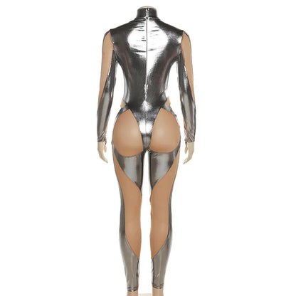 AniLV Women Game Movie Tight Jumpsuit Alien Robot Mesh Hollow Silver Strip Bodysuit Cosplay Costumes