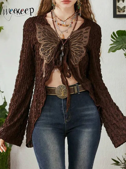 Weekeep Retro Y2k Tie Up T-shirt Cardigan Grunge Butterfly Graphic Loose Full Sleeve T Shirts for Women 2023 Autumn Vintage Tees