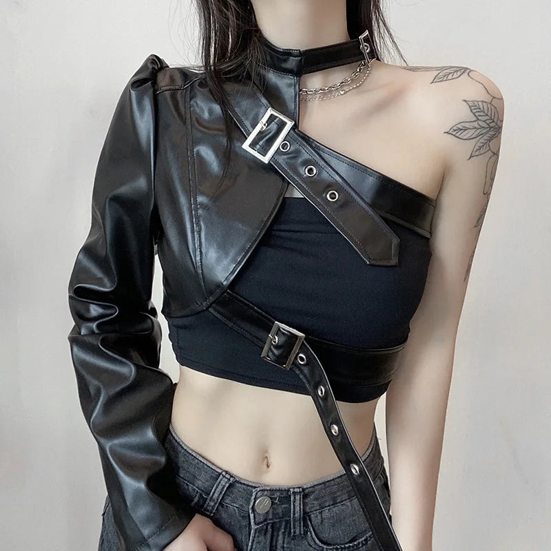 Cropped Jackets Gothic Black PU Leather Jacket Women One Shoulder Halter Buckle Hip Hop Outfits Fashion Streetwear Solid