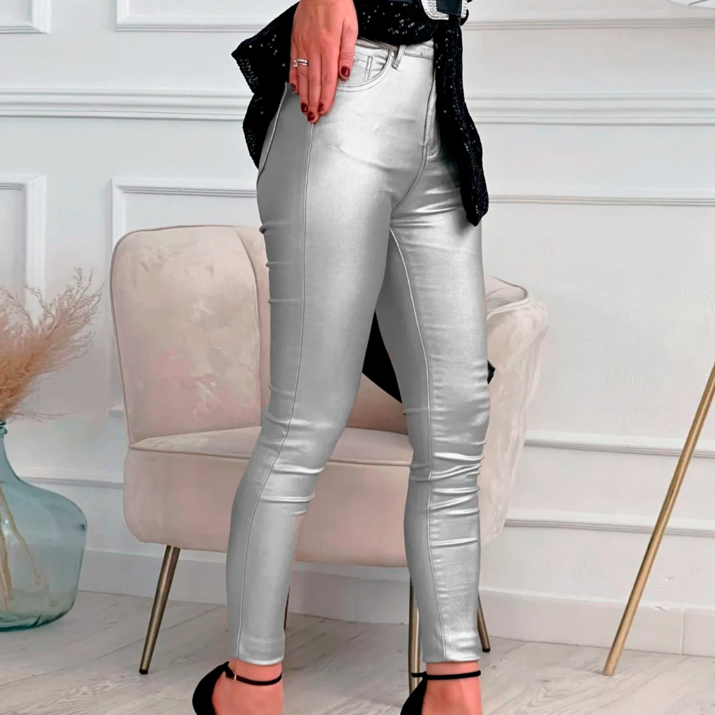 Leggings de mujer, pantalones de piel de imitación, pantalones de moda de primavera dorados y plateados para mujer, pantalones largos sexis ajustados con botones y bolsillos para mujer