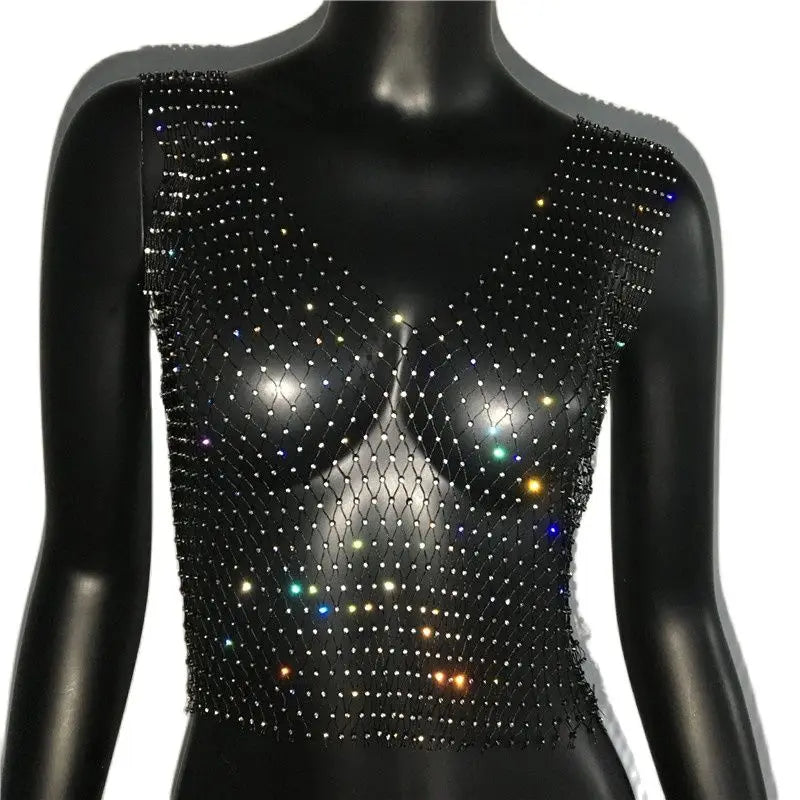 Women's Fishnet Rhinestone Crop Top 2023 Summer Sexy Mesh High Elastic Black White Shirt Net See Through Rave Diamond Tank Top