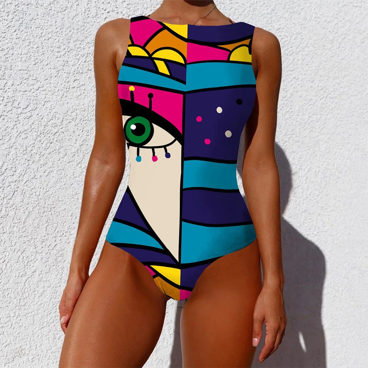 Woman Bikini Backless One Piece Monokini Swimwear Women Abstract Print O-Neck High Wide Straps Swimwears купальник пушап 2023