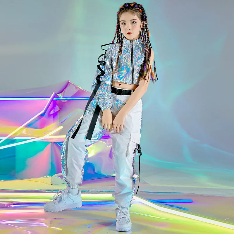 Reflective Rave Outfit Girl Sets Jazz Dancewear Festival Crop Tops Cargo Pants Catwalk Show Costume Hip-Hop Dance Clothes