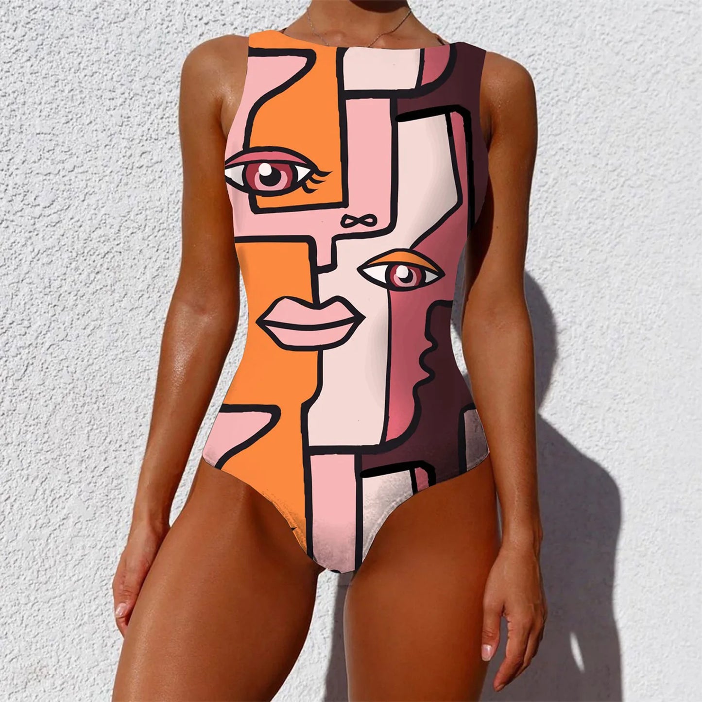 Woman Bikini Backless One Piece Monokini Swimwear Women Abstract Print O-Neck High Wide Straps Swimwears купальник пушап 2023