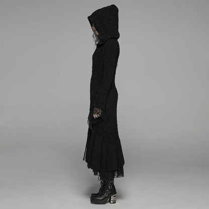 PUNK RAVE Women's Gothic Retro Black Long Hooded Sweater Halloween Costume Personality Women Woolen Cardigan Cuffs Stitched Lace