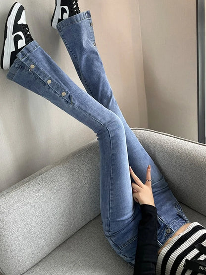 Flare Denim Pants Summer Fall Women 2023 High Waist Split Bodycon Skinny Love Patchwork Streetwear Indie Black Jeans Pants