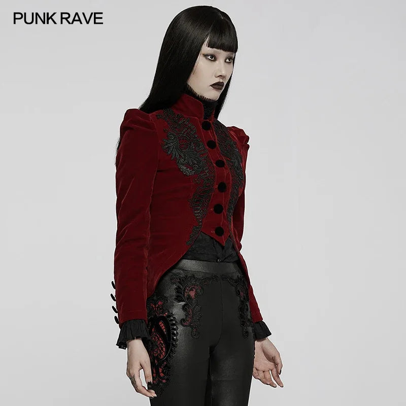 PUNK RAVE Women's Gothic Weft Velvet Jacket Exquisite Lace Decoration Fashion Warm Coats Women Clothes Spring/Autumn Outerwear