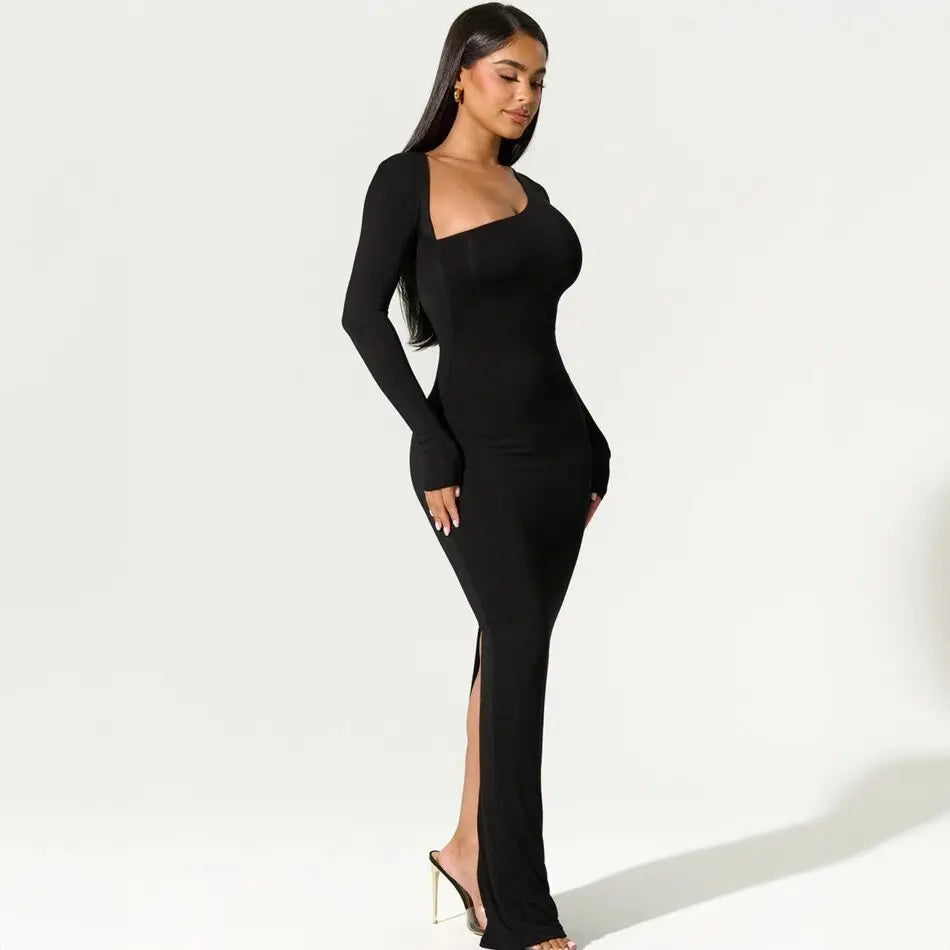 Sexy Black Evening Party Dress Women Elegant 2023 Fall Winter New Outfits Asymmetrical Long Sleeve Slit Maxi Dresses 809