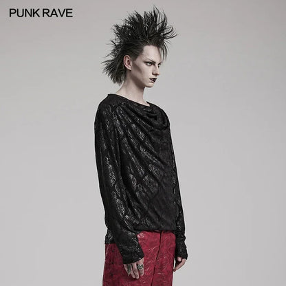 PUNK RAVE Men's Gothic Creative Piled Collar Simple T-shirt Dark Daily Wear Suitable Cool Casual Tops Streetwear Mens T Shirts