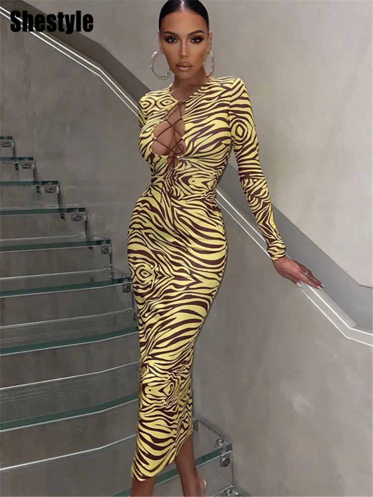 Shestyle Zebra Print Yellow Pencil Long Dresses Women V Neck Corss Hollow OUt Bandage Sexy Bodycon Party Wear Christmas Outfit