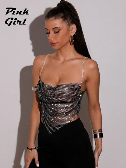 Luxury Diamonds Straps Glitter Tops Night Club Outfits for Women Aesthetic Clothes Sexy See-through Fishnet Low Cut Tank Top New