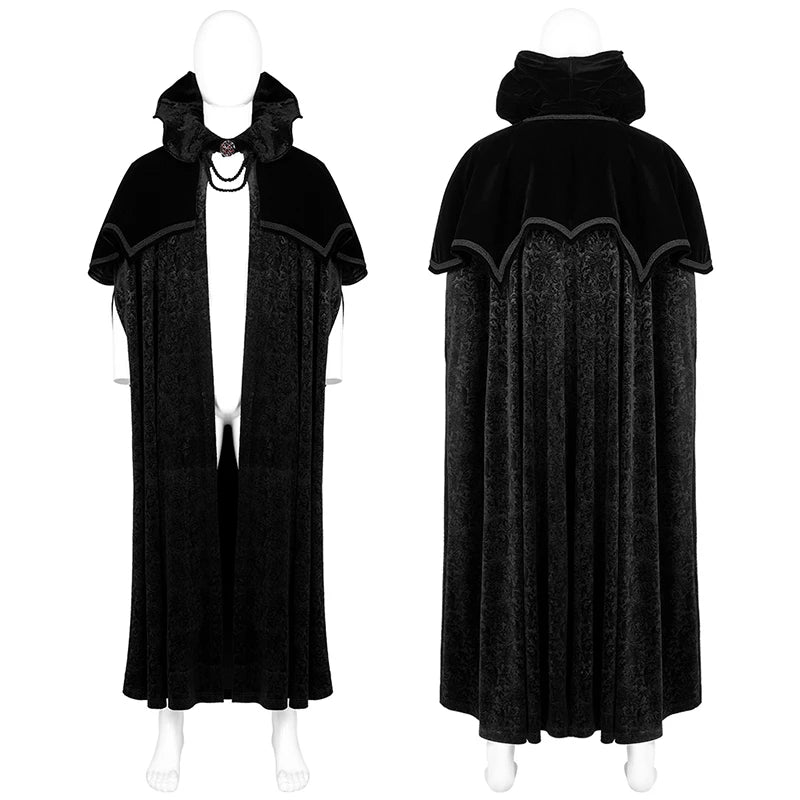 PUNK RAVE Men's Gothic Mysterious Dark Noble Night Cloak Weft Velvet & Jacquard Long  Men Neckline Simulated Red Gemstones