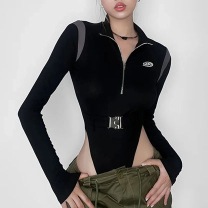 Y2K Autumn Halter T-shirt Mesh Long Sleeve Backless Crop Top Female Zip Up Slim Fit Tee Sexy Women 90s Aesthetic Streetwear