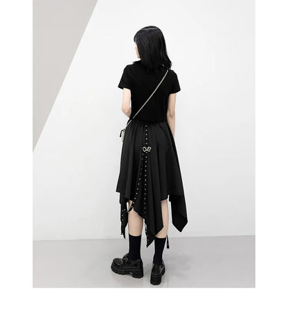 Long Skirt Irregular Skirt Girl's New Dark Tie Street Punk Wind Weave Buckle Medium-length Y2k Gothic Skirt