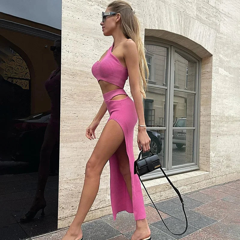 【2 Piece Set】Women's Threaded Knitted One-shoulder Corset Short Top + High Waist Irregular Cut Out Midi Skirt Elegant Outfit