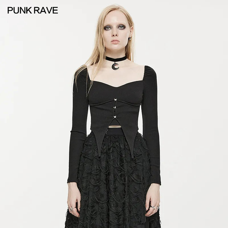 PUNK RAVE Women's Square Neck Gothic Hem Curved Segmentation T-shirt Butterfly Buttons Decoration Black Tops Spring & Autumn