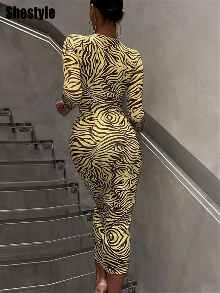 Shestyle Zebra Print Yellow Pencil Long Dresses Women V Neck Corss Hollow OUt Bandage Sexy Bodycon Party Wear Christmas Outfit