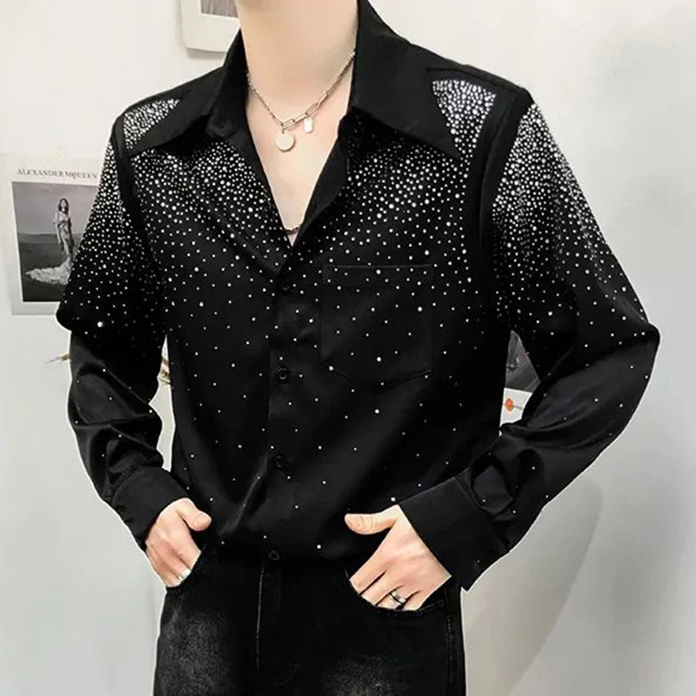 Camisa Sexy con hombreras de diamantes para hombre, camisa holgada de manga larga para actuación en discoteca, estilo perezoso, a la moda, sin género, para otoño, Unisex