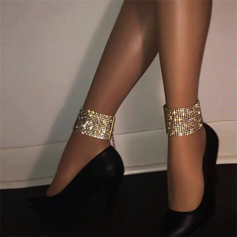 Fashion Flash Crystal Rhinestones Anklets for Women Golden Luxury Celebrity Accessory Festival Party Foot Jewelry Trendy Wild