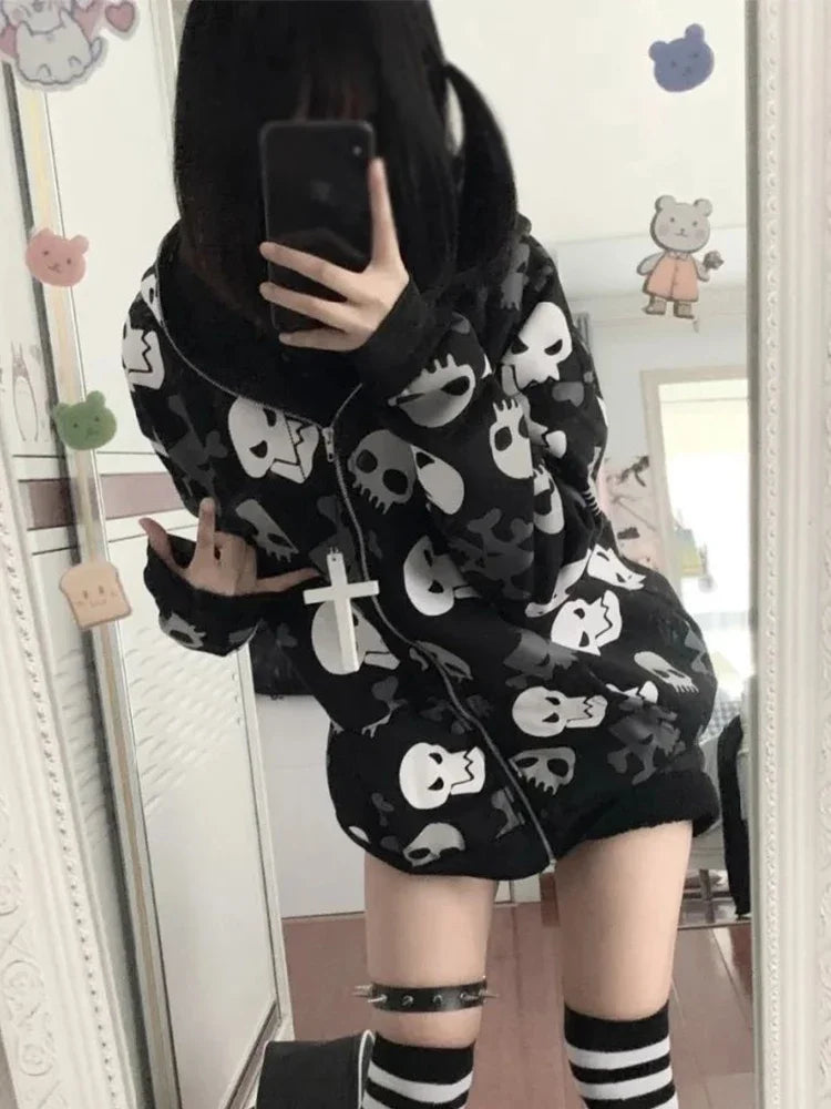 INSCUTEE Harajuku Y2k Skull Sweatshirt Women Dark Gothic Cyber Punk Long Sleeve Zipper Cardigan Hoodie Streetwear Rave Outfits