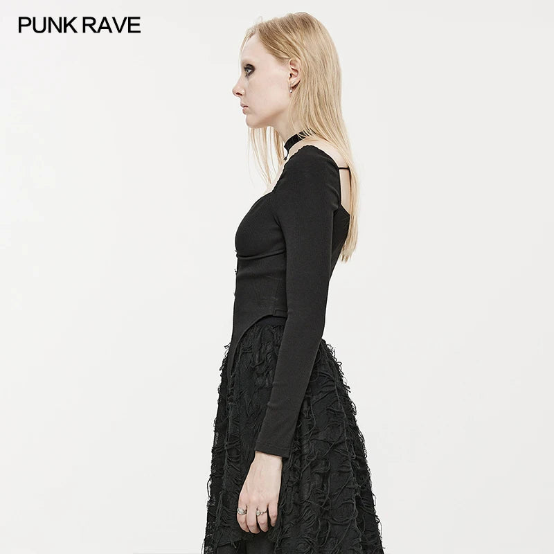 PUNK RAVE Women's Square Neck Gothic Hem Curved Segmentation T-shirt Butterfly Buttons Decoration Black Tops Spring & Autumn