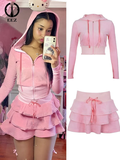 Y2K Pink Zipper Cropped Jacket Sweet Women Hoodies and Layered Skirt Kawaii Girl Outfit Autumn Winter Casual Coquette Streetwear