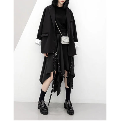 Long Skirt Irregular Skirt Girl's New Dark Tie Street Punk Wind Weave Buckle Medium-length Y2k Gothic Skirt