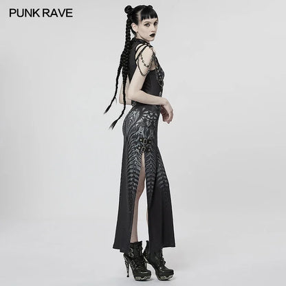 PUNK RAVE-vestido Sexy con estampado digital para mujer, ropa de verano con remaches de Metal Punk y cuello en V, con abertura