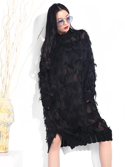 [EAM] 2024 New Spring Autumn Stand Collar Long Sleeve Black Perspective Split Joint Big Size Dress Women Fashion Tide JI78