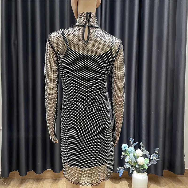 Vestido Bandage negro de malla con diamantes para mujer, minivestido Sexy de fiesta a la moda, cuello alto, manga larga, ceñido al cuerpo, 92cm